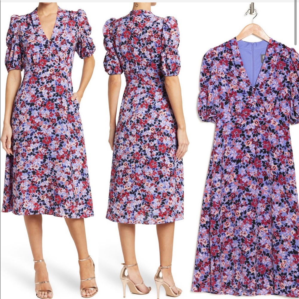 Vince Camuto V-Ncek Short Sleeve Pebble Crepe Dress NWT